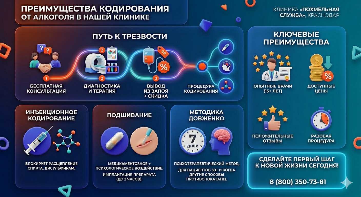 Инфографика о методах кодирования от алкоголя в Лысково: инъекции, подшивание, метод Довженко. Преимущества клиники и этапы лечения.