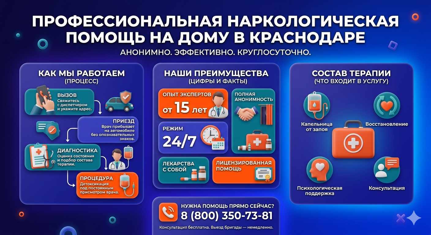 Инфографика о принципах лечения алкоголизма на дому в Лысково: этапы вызова нарколога, преимущества анонимной детоксикации и состав медицинской помощи.